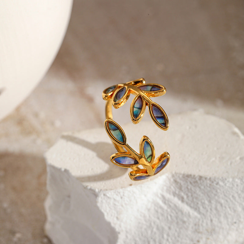 National Trendy Enamel Leaves Open Antique Design Ring