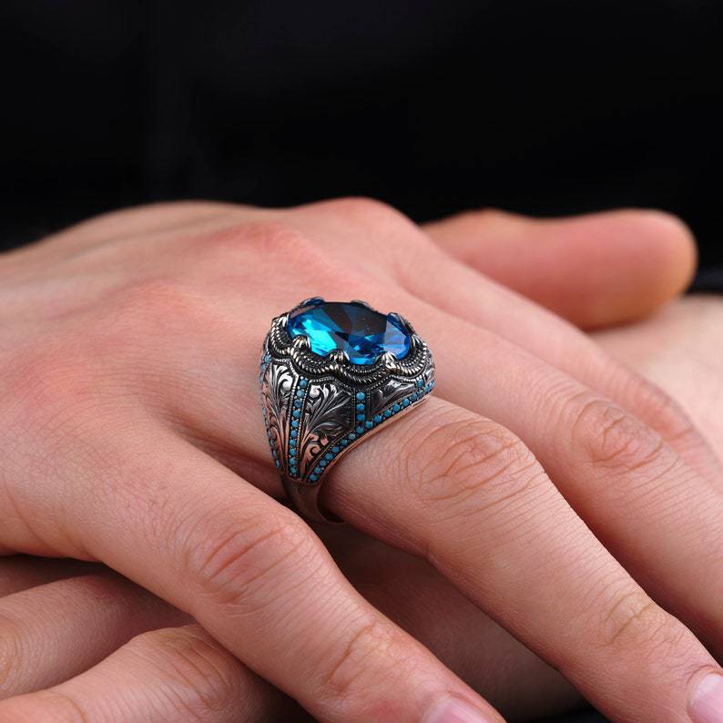 Artisan Grandmother Blue Zircon Retro Man's Ring