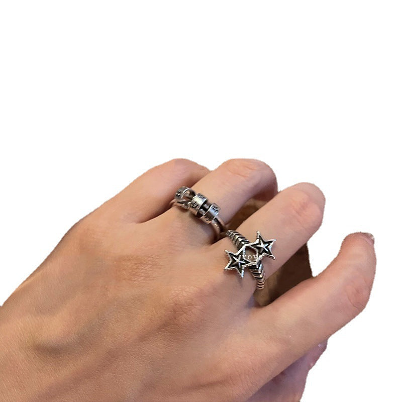 Style Retro Distressed Niche Personality Hollow Pentagram Ancient Sier Rings