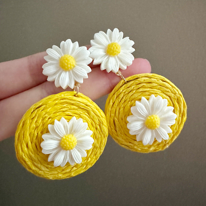 Little Daisy Flower Straw Geometric Island Seaside Earrings