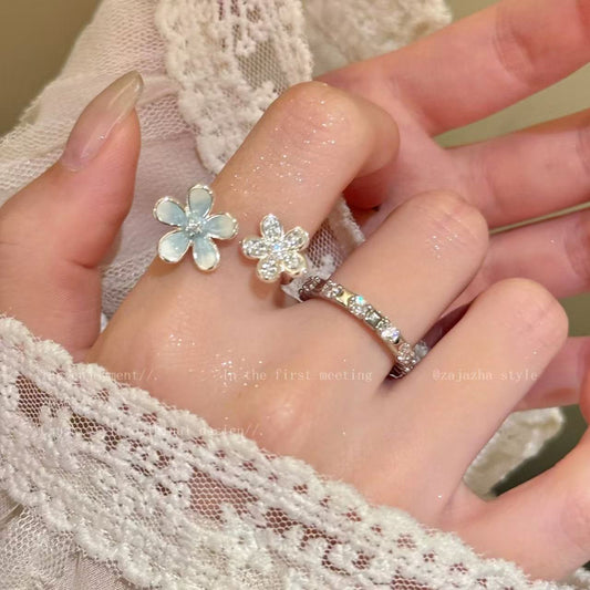 Ice Blue Gradient Flowers Open-end Zircon Mori Girlish Heart Rings