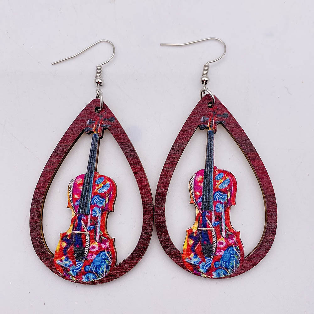 Hollow Out Guitar Wooden Fashion Musical Instrument Earrings