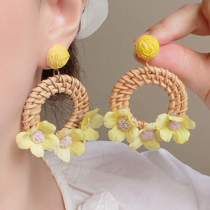 Bohemia Style Exaggerated Rattan Geometric Round Flower Unique Rings