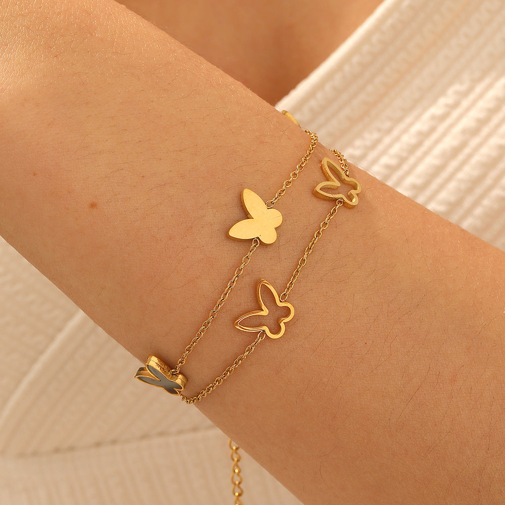 Women's Pierced Black Butterfly Chain Stainless Steel Gold-plated Bracelet
