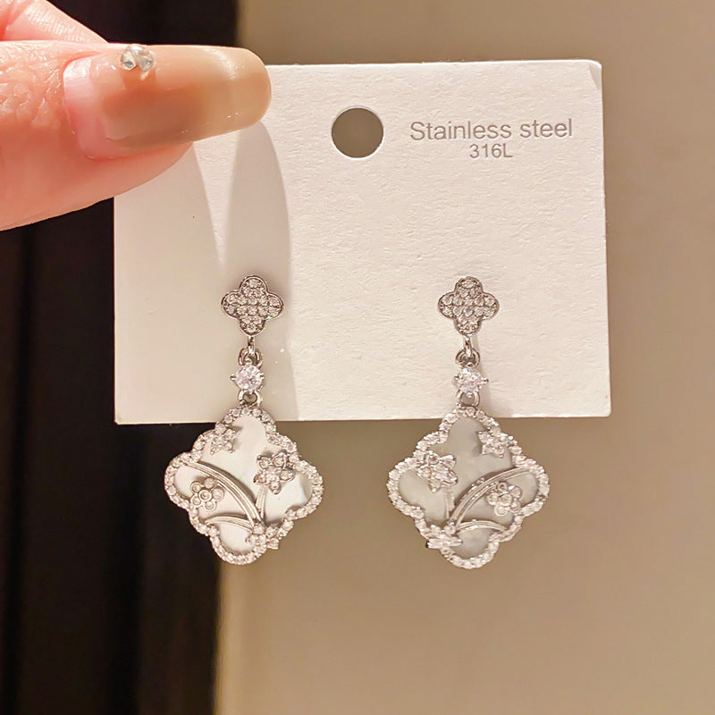 Needle Light Luxury Zircon Clover Flower Fritillary Stud Earrings