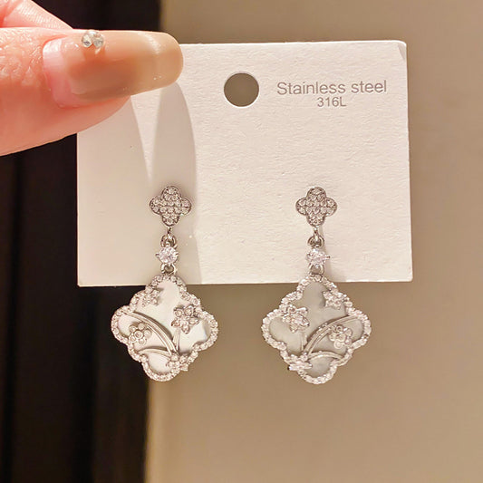 Needle Light Luxury Zircon Clover Flower Fritillary Stud Earrings