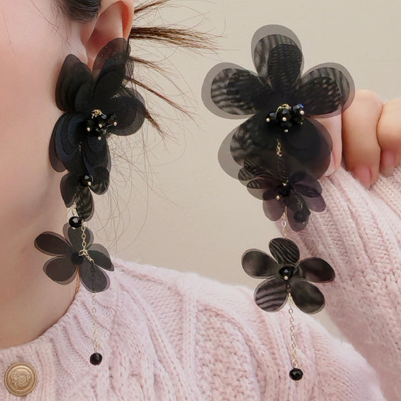 High-grade Tulle Flower Beaded Petals Tassel Long Exquisite Beautiful Temperament Earrings