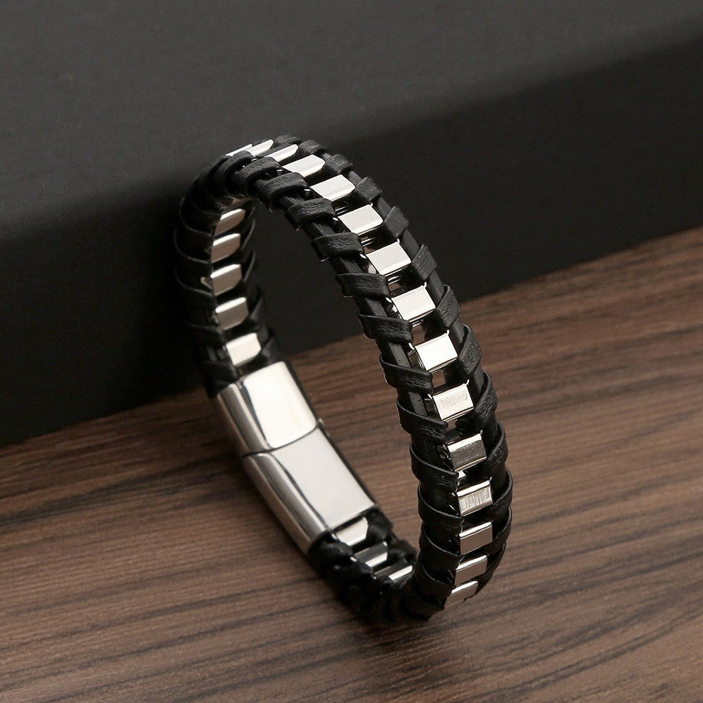Men's Personality Stainless Steel Woven Leather Vintage Bracelet