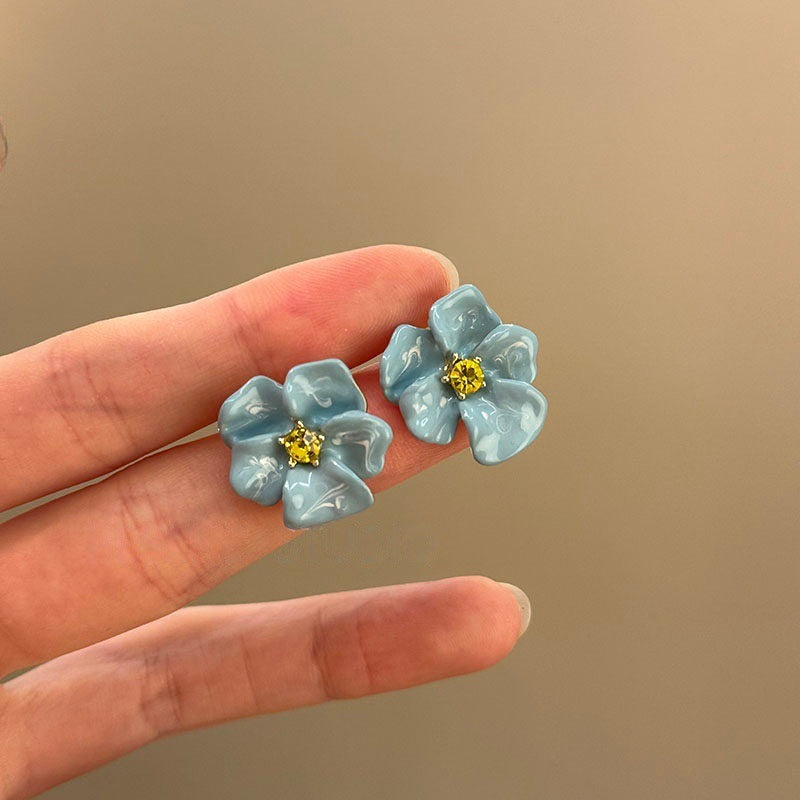 Vacation Dripping Oil Blue Flower Female Niche Vintage Earrings