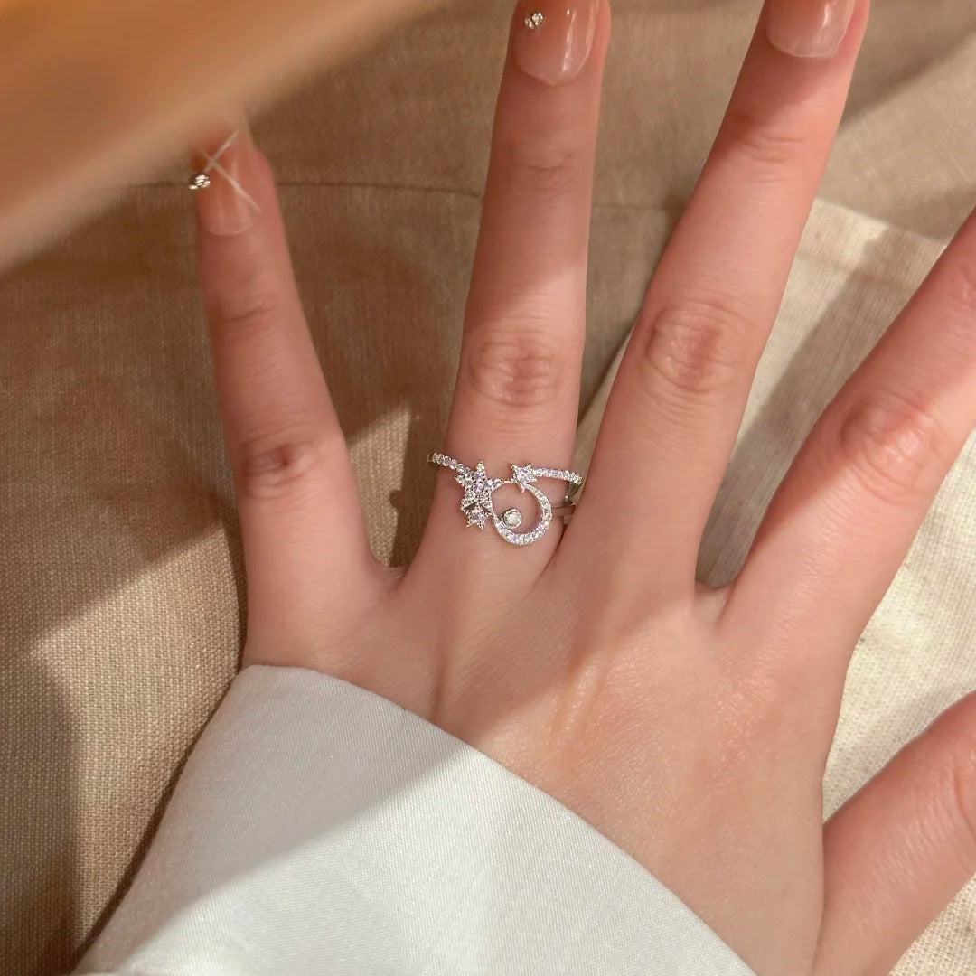 Diamond Star Moon Simple Daily Twin Open Female Ring