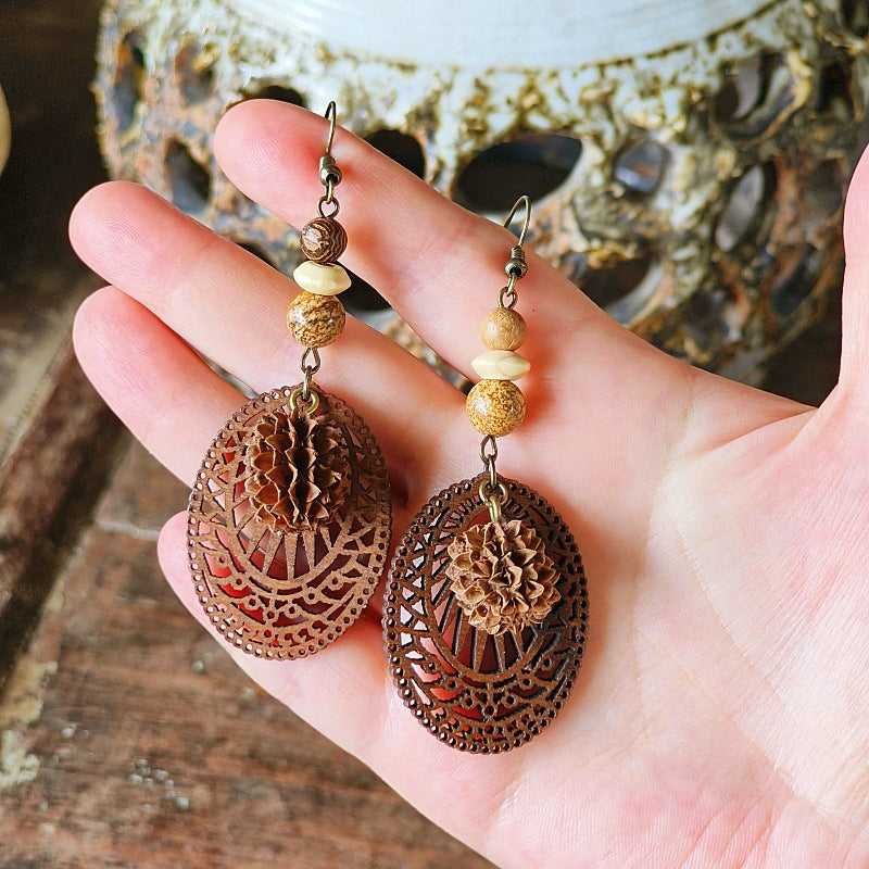 Style Retro Minority Mori Bohemian Indian Wandering Hollow Wood Grain Earrings