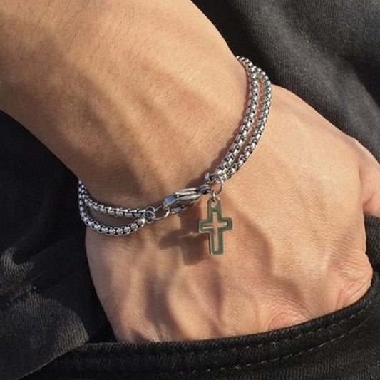 Men's Steel No Fading Zinc Alloy Cross Double Chain Bracelets