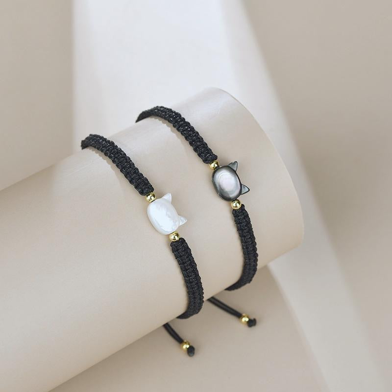 Simple Black White Shell Cat Woven Wrist Bracelets