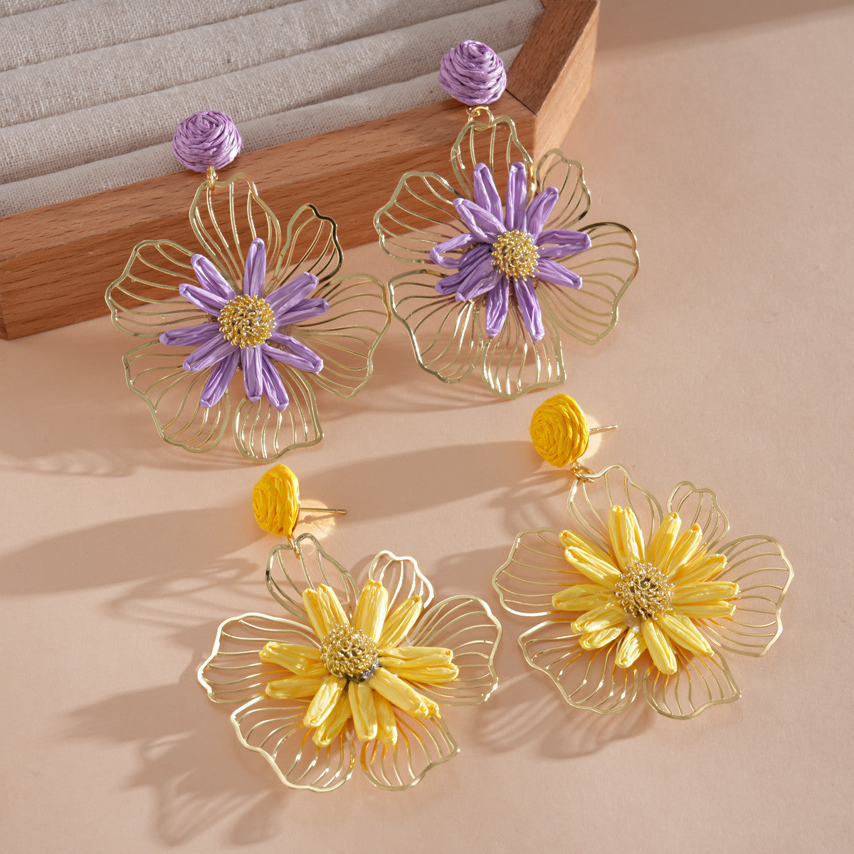 Vacation Style Metal Raffia Flower Sier Sweet Fresh Earrings