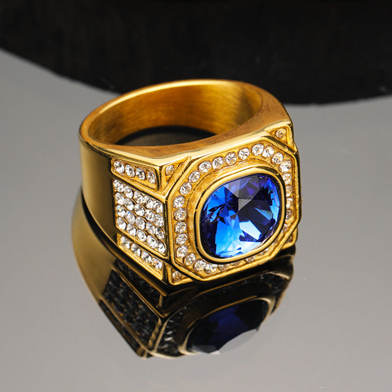 Men's Fashion Hip Hop Light Luxury Inlaid Round Zircon Titanium Steel Ring