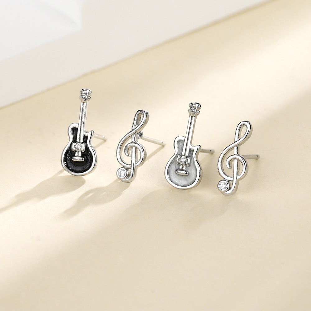 Women's Small Single Diamond Asymmetric Violin Musical Stud Earrings