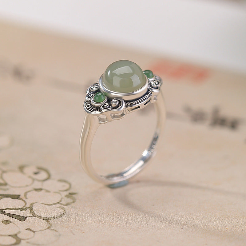 Women's Natural Jade Thai Sier Sunny Water Jasper Round Return Pattern Rings