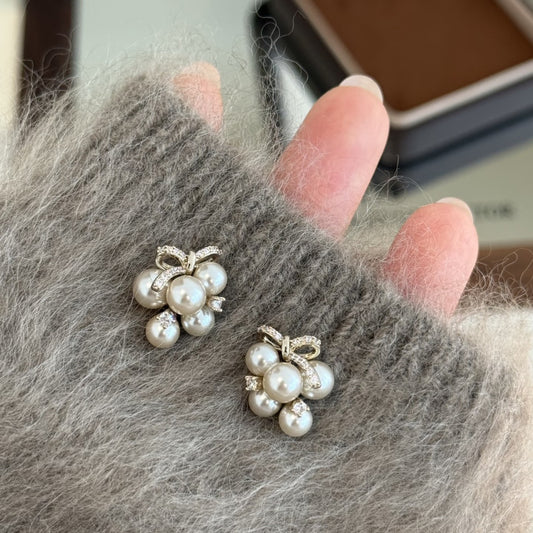 Pastry Grape Gentle Champagne Pearl Floral Ball Unique Niche Stud Earrings