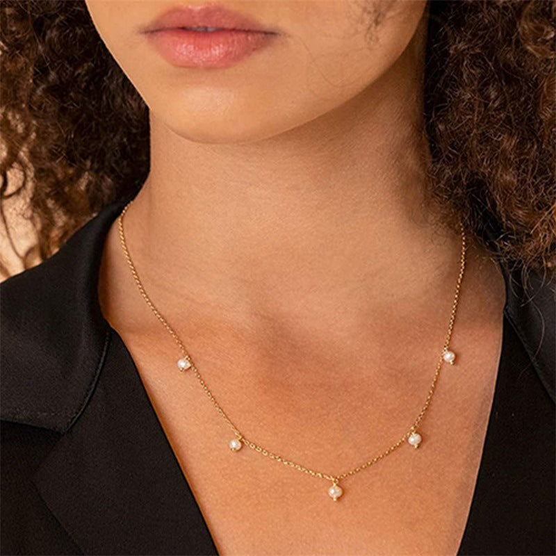 Women's Stainless Steel Imitation Pearl Tassel Fashion Style Niche Necklaces