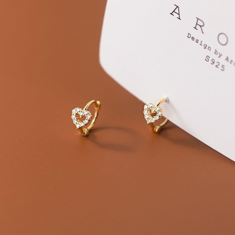 Sterling Sier Hollow Heart-shaped Sweet Simple Refined Rhinestone Earrings