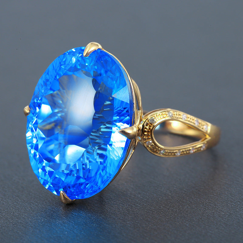Big Diamond Colored Gems Open Imitation Swiss Blue Oval Natural Ring