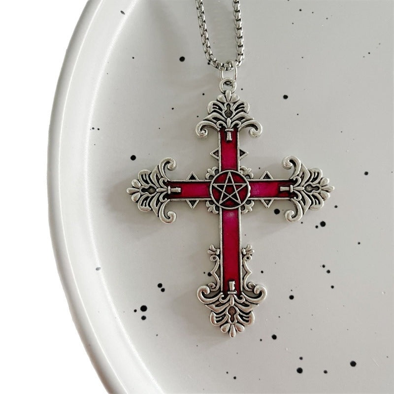 Grid Retro Dark Gothic Black Red Cross Necklace