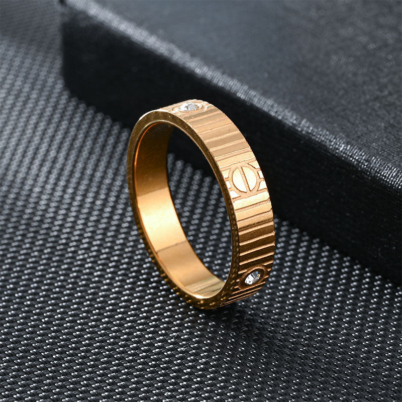Fashion Stainless Steel Striped Three Diamond Personality Simple Ring