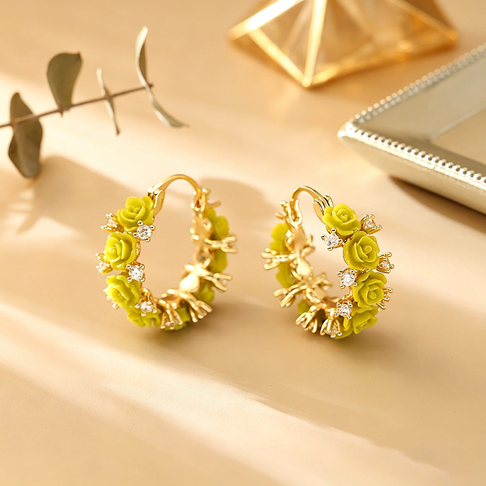 Gentle Pink Rose Flower Basket Ear Clip Design Earrings