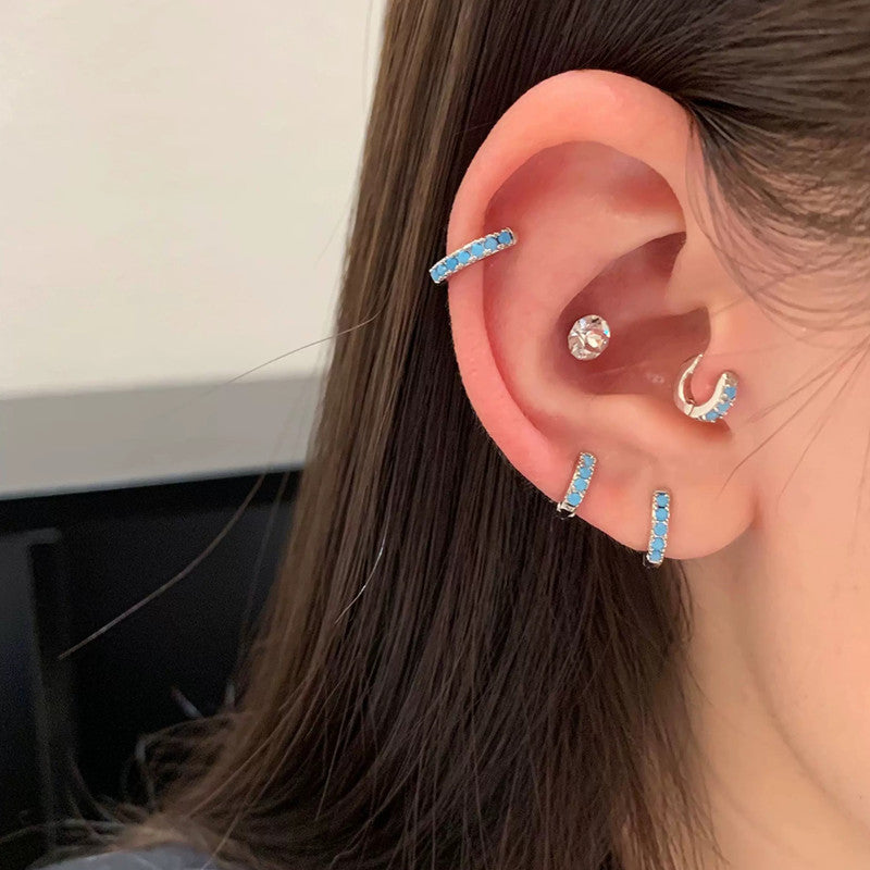 Simple Blue Zircon Straight Needle Ear Female Edge Stud Earrings