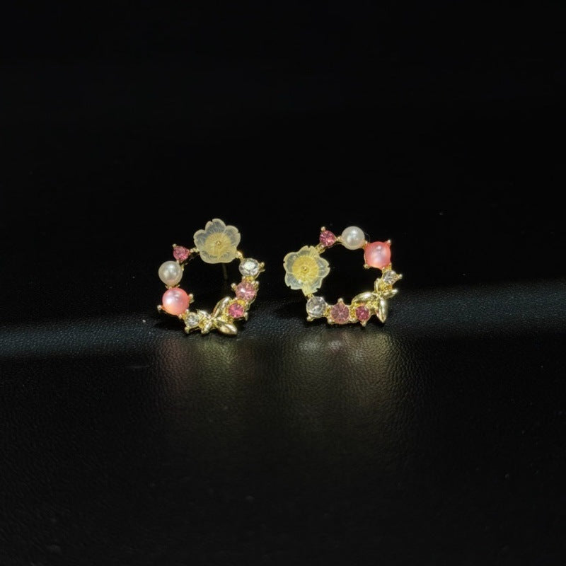 Vintage Pink Geometric Sweet Flowers Ear Stud Earrings