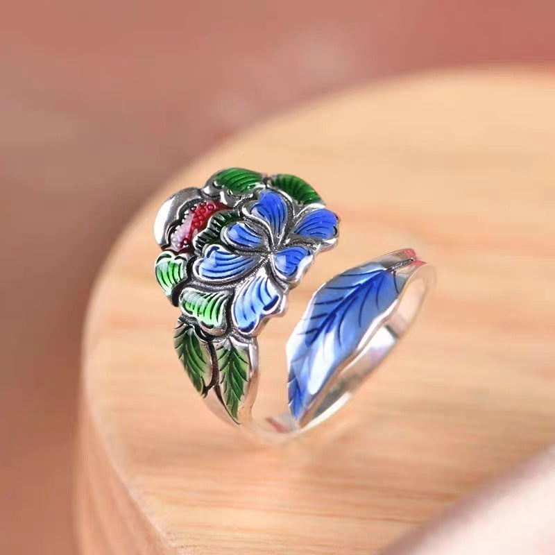 Women's Peony Enamel Open Niello Jewelry Lotus Rings