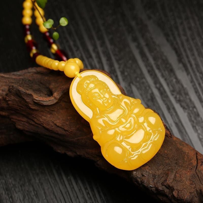 Women's Buddha Carved Smiling Long Sweater Chain Yellow Necklace