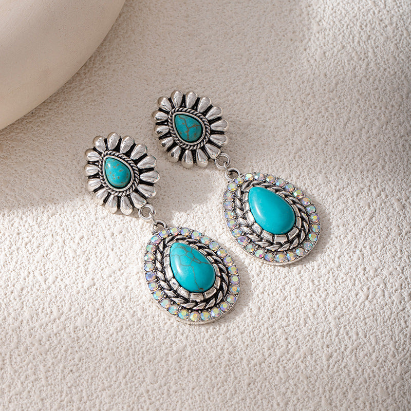 Vintage Ethnic Style Turquoise Flower Alloy Earrings