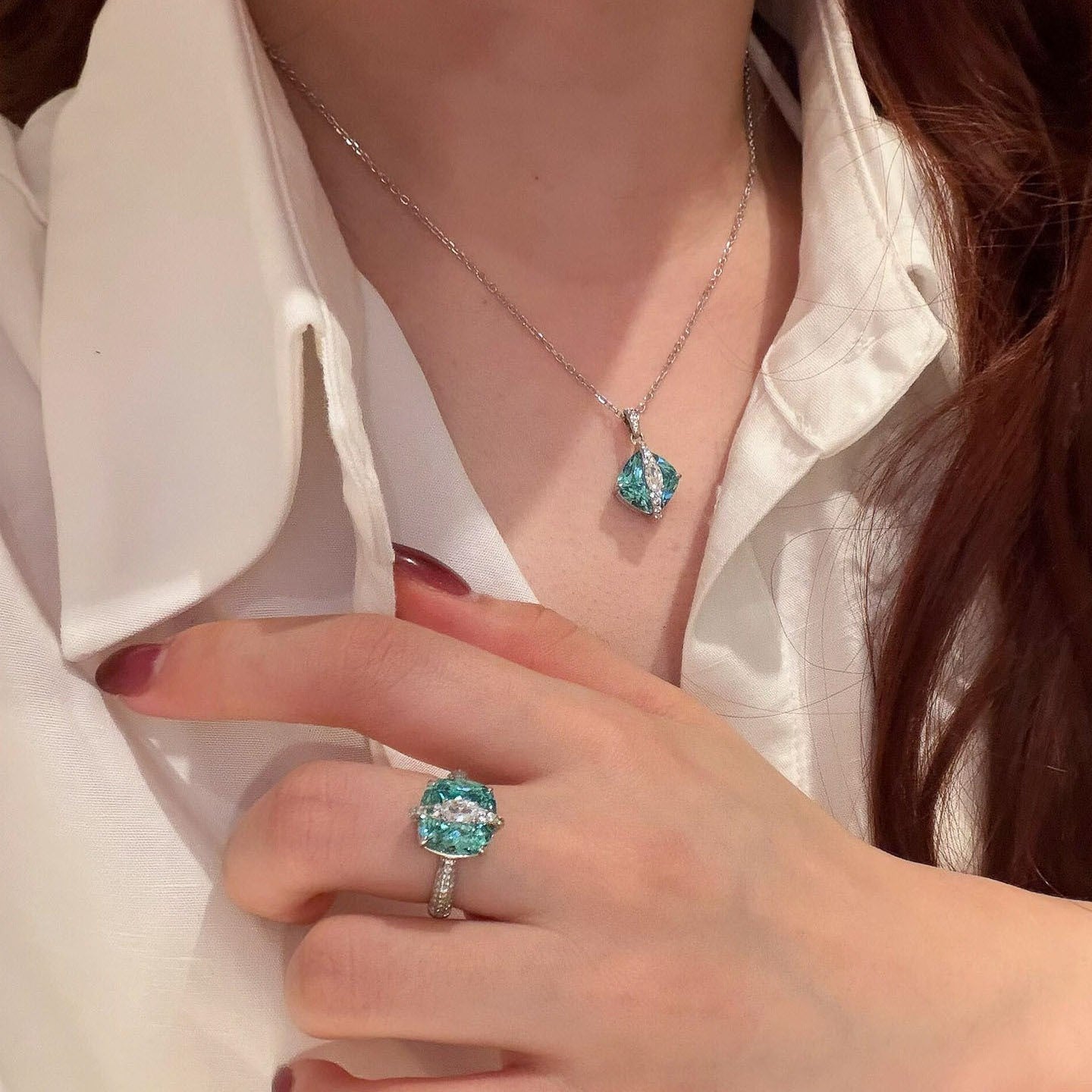 Blue Cube Sugar Female Clavicle Chain Graceful Personality Sier High Earrings