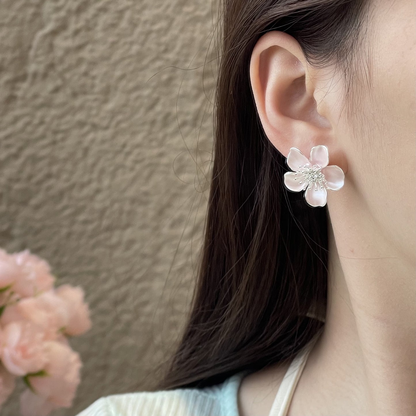 Women's Clear Blue Zirconium Pearl Pink Flower Multi Optional Earrings
