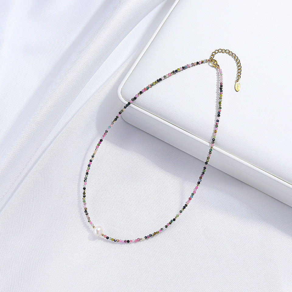 Natural Freshwater Pearl Cut Surface Stone Tourmaline Amethyst Necklaces