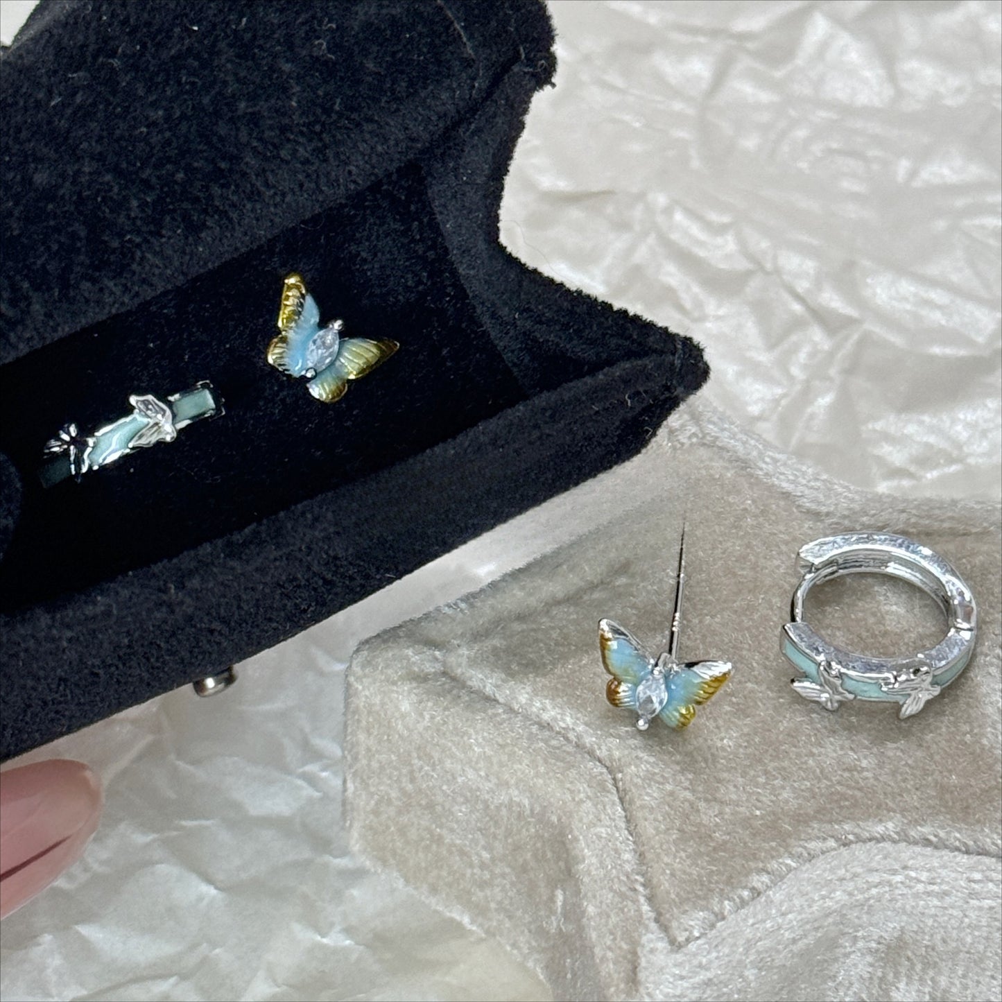 Blue Dripping Oil Butterfly Artistic Retro Style Sier Pin Earrings