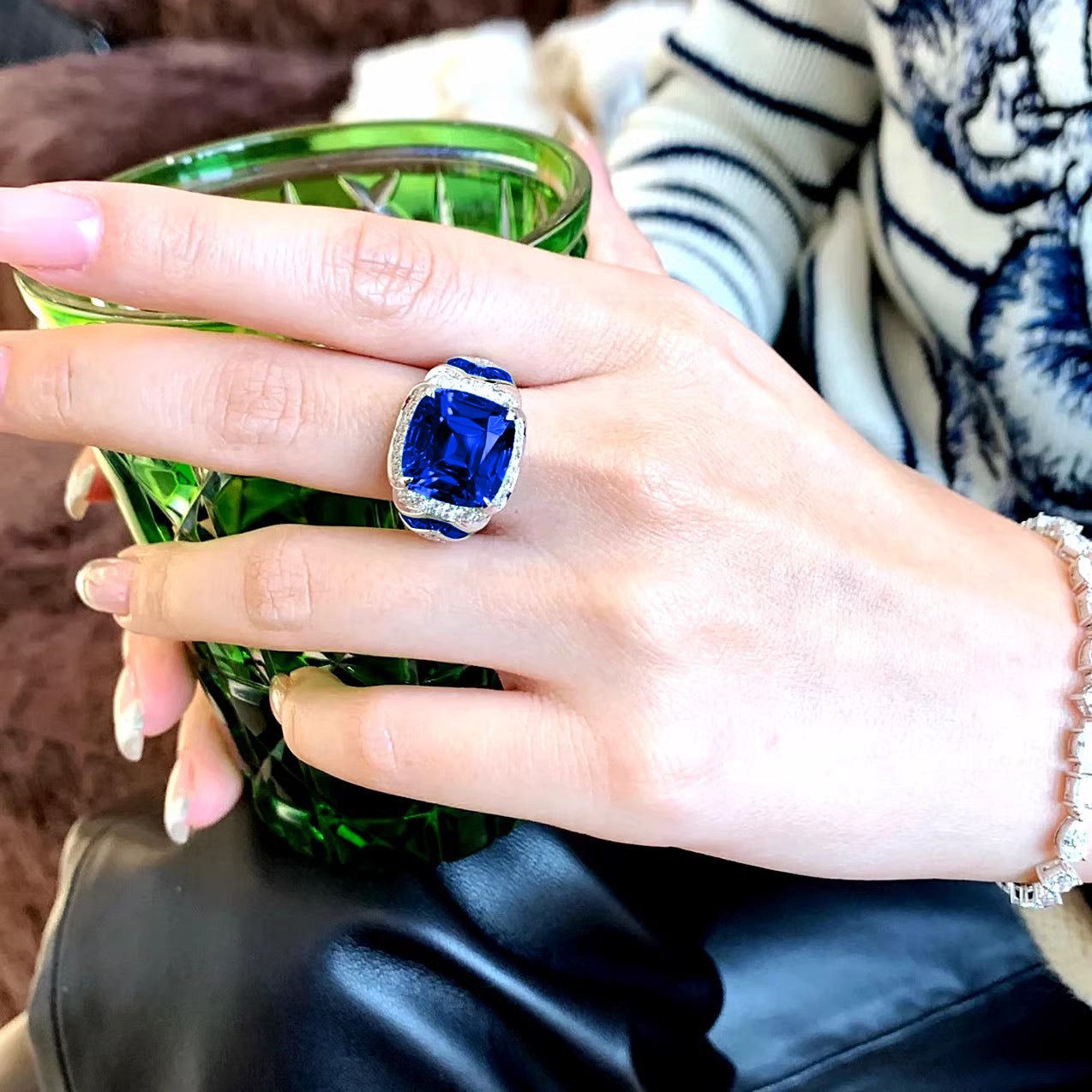 Western High Carbon Diamond Simulation Grandmother Royal Sapphire Rings