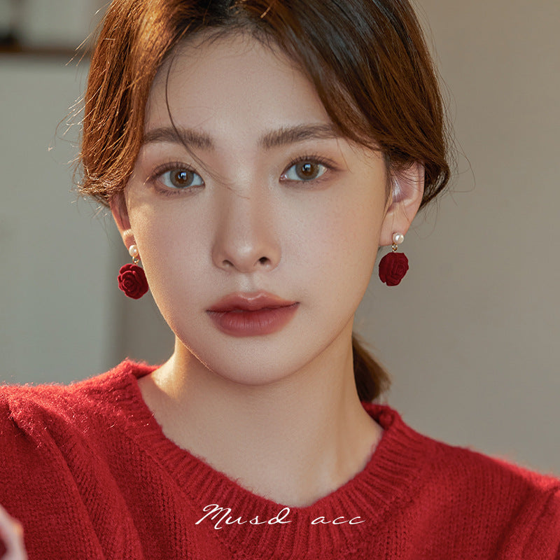 Women's Retro Style Veet Red Rose Ear Stud Earrings