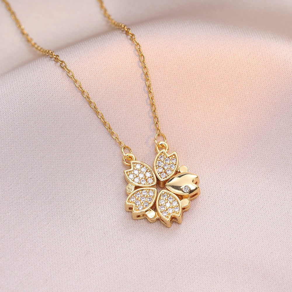 Women's Steel Cross Chain Open Close Four-leaf Flower Necklace