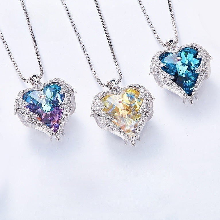 Ocean Heart Female Angel Wings Crystal Necklace