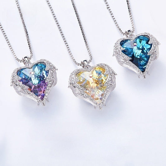 Ocean Heart Female Angel Wings Crystal Necklace