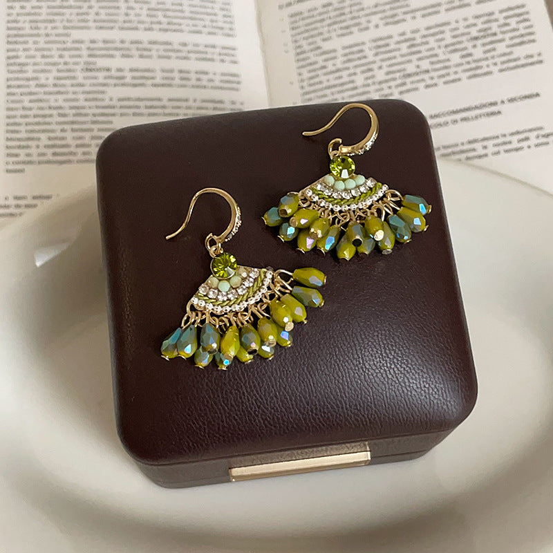 Fan-shaped Crystal Tassel Ear Hook Female Niche Design Earrings