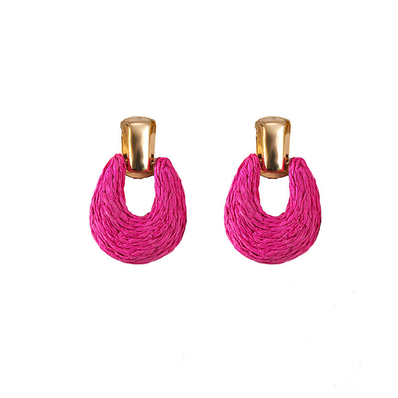 Colorful Raffia Geometric Hollow Circle Solid Color Earrings