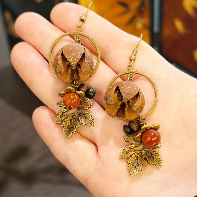Palace Niche Exotic Plant Dried Fruit Maple Leaf Dangling Earrings