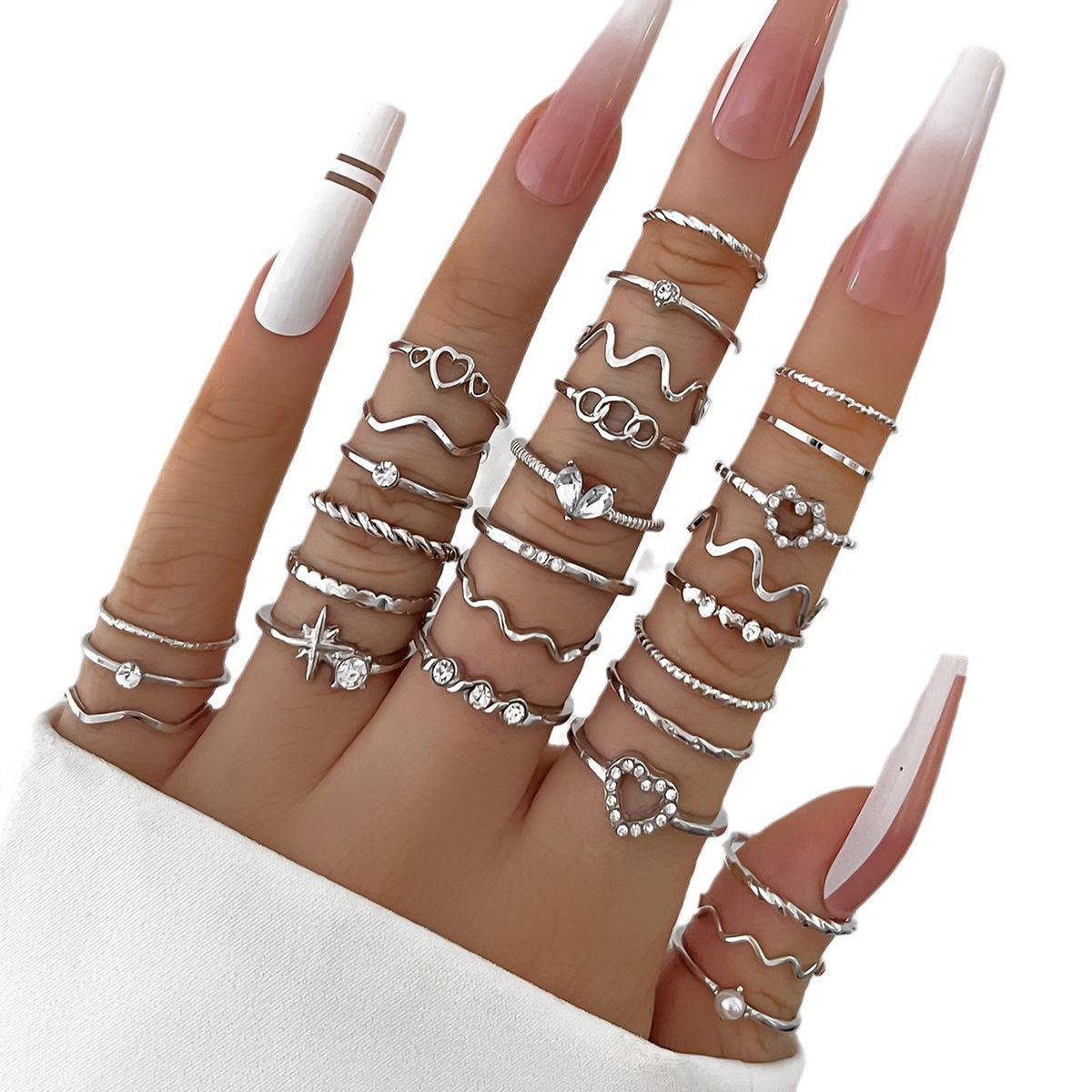 Simple Rhinestone Love Wave Set Golden Rings