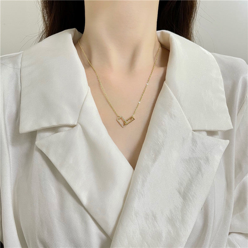 Women's Double Square Niche Geometric Rectangular Jeweled Simple Elegant Stitching Necklaces