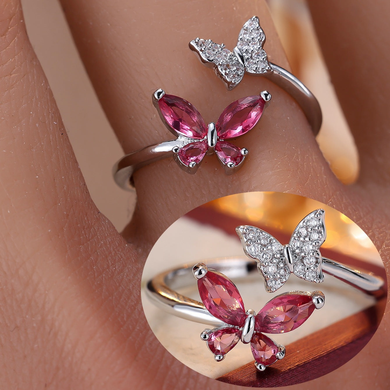 Inlaid Zirconium Double Butterfly Open Light Luxury Minority Design Fashion Rings