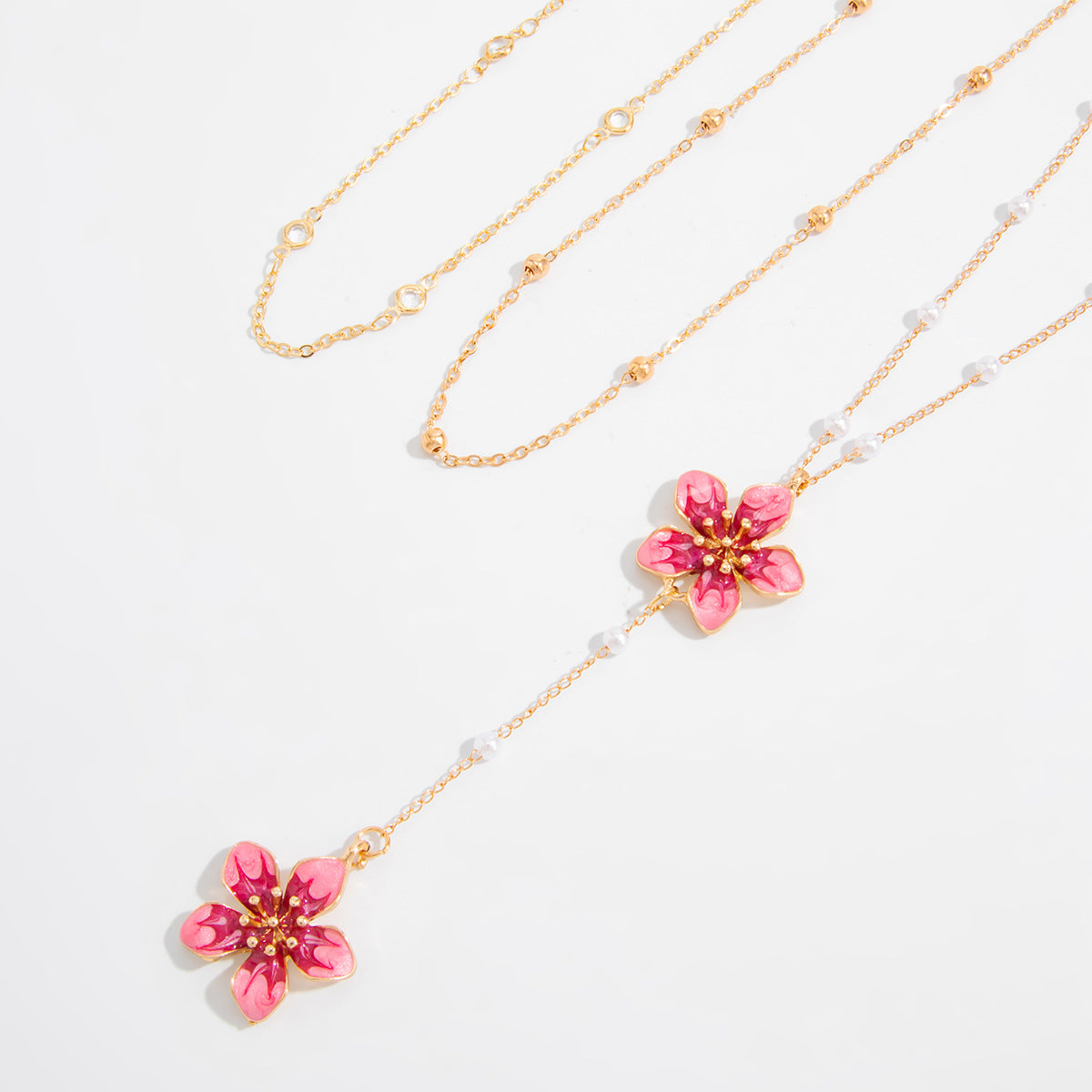 Women's Twin Thin Chain Glaze Flowers Y-shaped Tassel Necklace