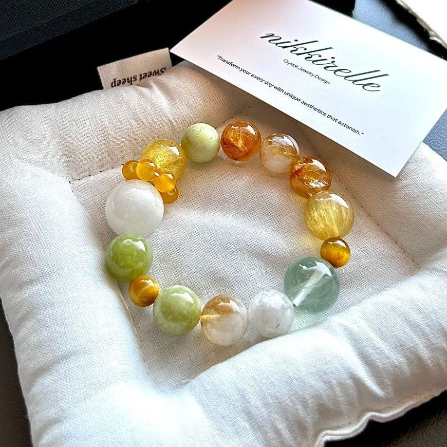 Orange Yellow Green Snowflake Ghost Fluorite Crystal Jade Gold Bracelets